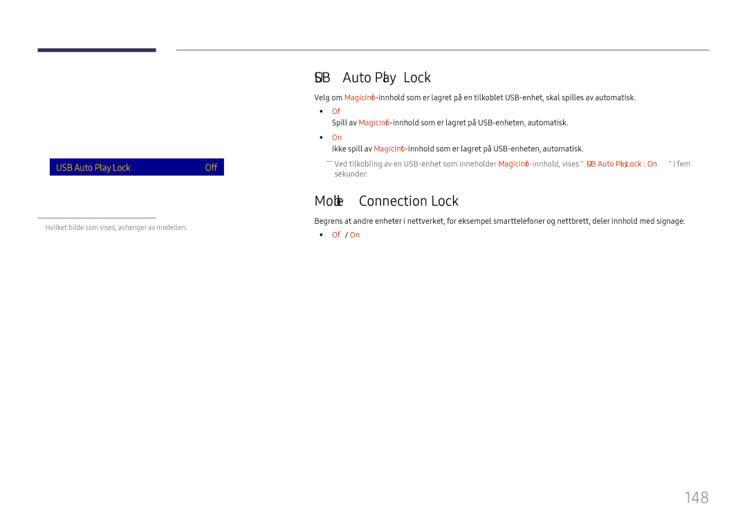 Samsung LH65DMEXTBC/EN manual 148, USB Auto Play Lock, Mobile Connection Lock, Safety Lock 