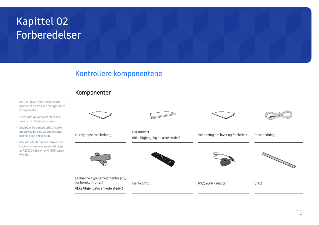 Samsung LH65DMEXTBC/EN manual Forberedelser, Kontrollere komponentene, Komponenter 