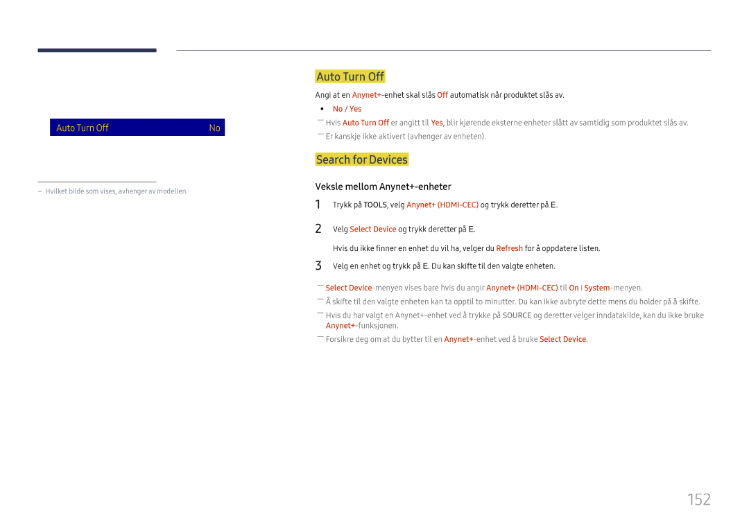 Samsung LH65DMEXTBC/EN manual 152, Anynet+ HDMI-CEC, Auto Turn Off, Search for Devices 