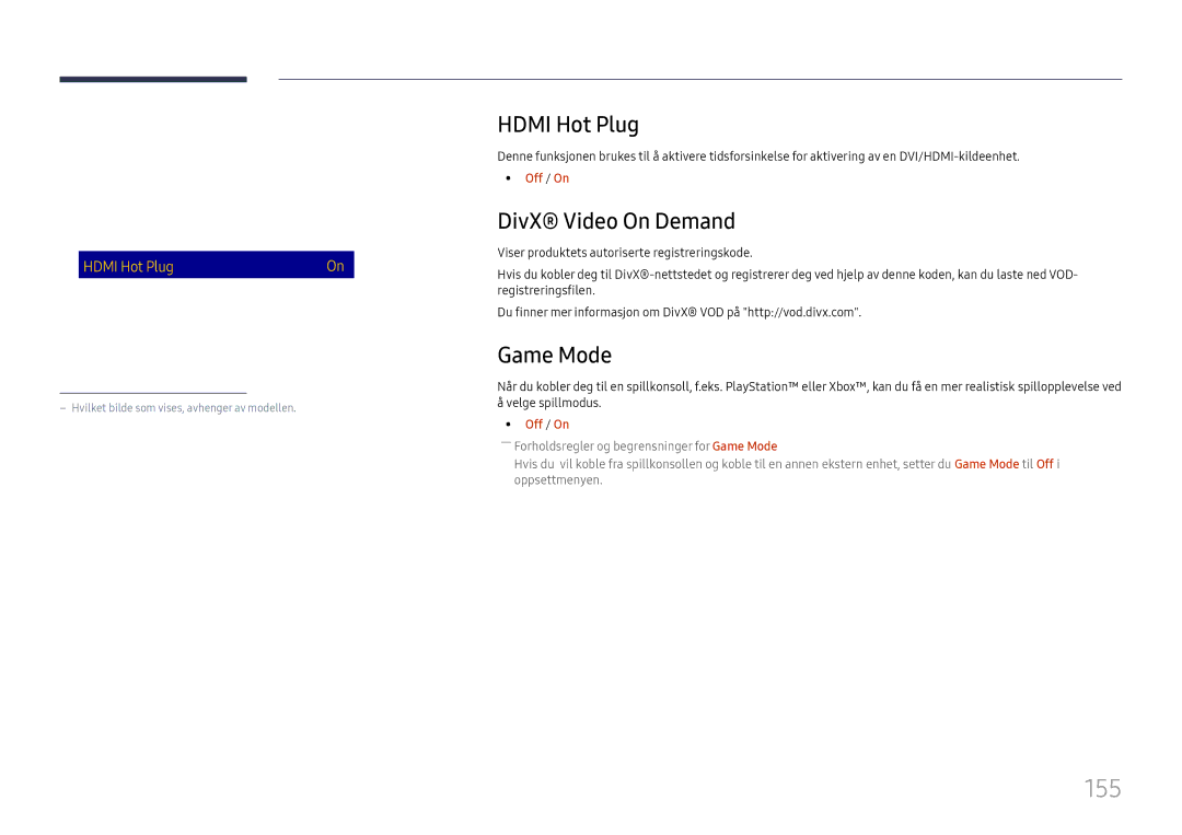 Samsung LH65DMEXTBC/EN manual 155, Hdmi Hot Plug, DivX Video On Demand, Game Mode 