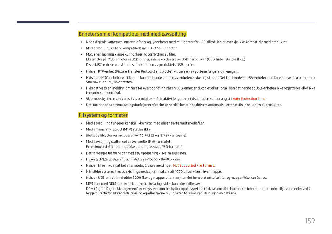 Samsung LH65DMEXTBC/EN manual 159, Enheter som er kompatible med medieavspilling, Filsystem og formater 