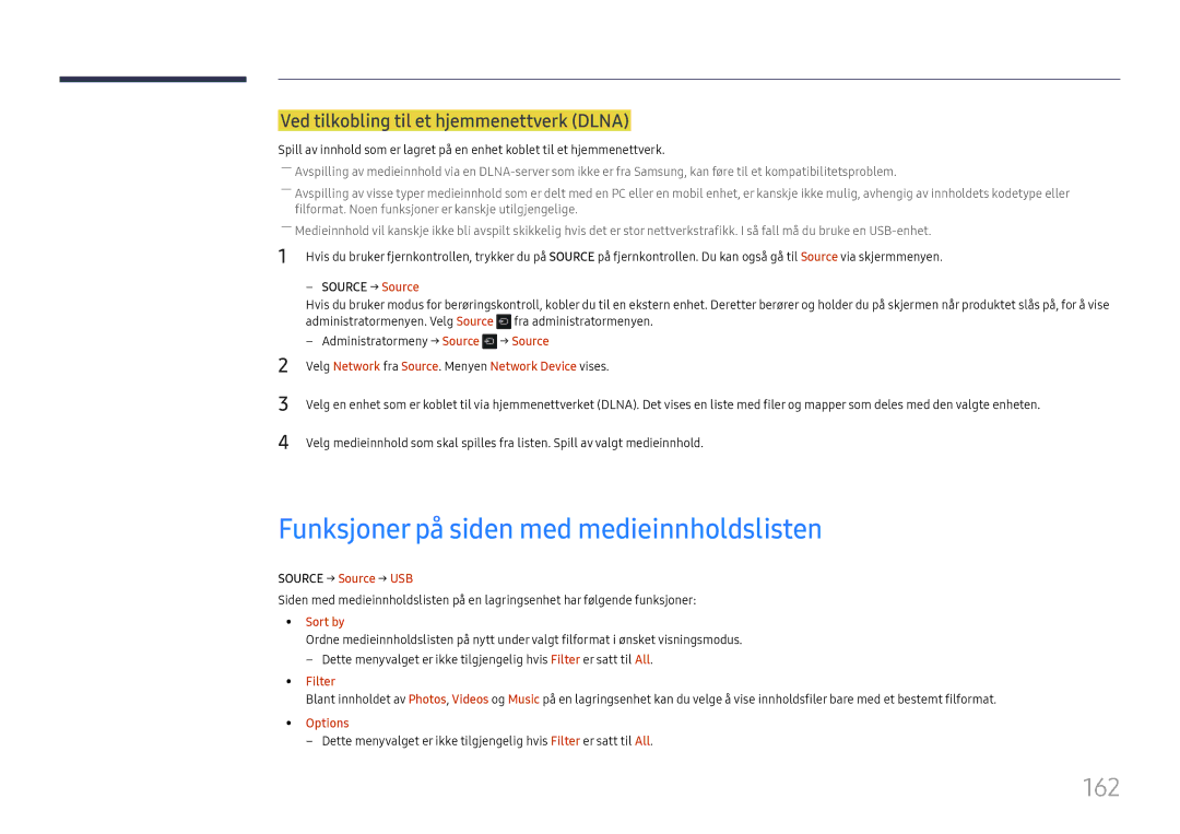 Samsung LH65DMEXTBC/EN Funksjoner på siden med medieinnholdslisten, 162, Ved tilkobling til et hjemmenettverk Dlna, Filter 