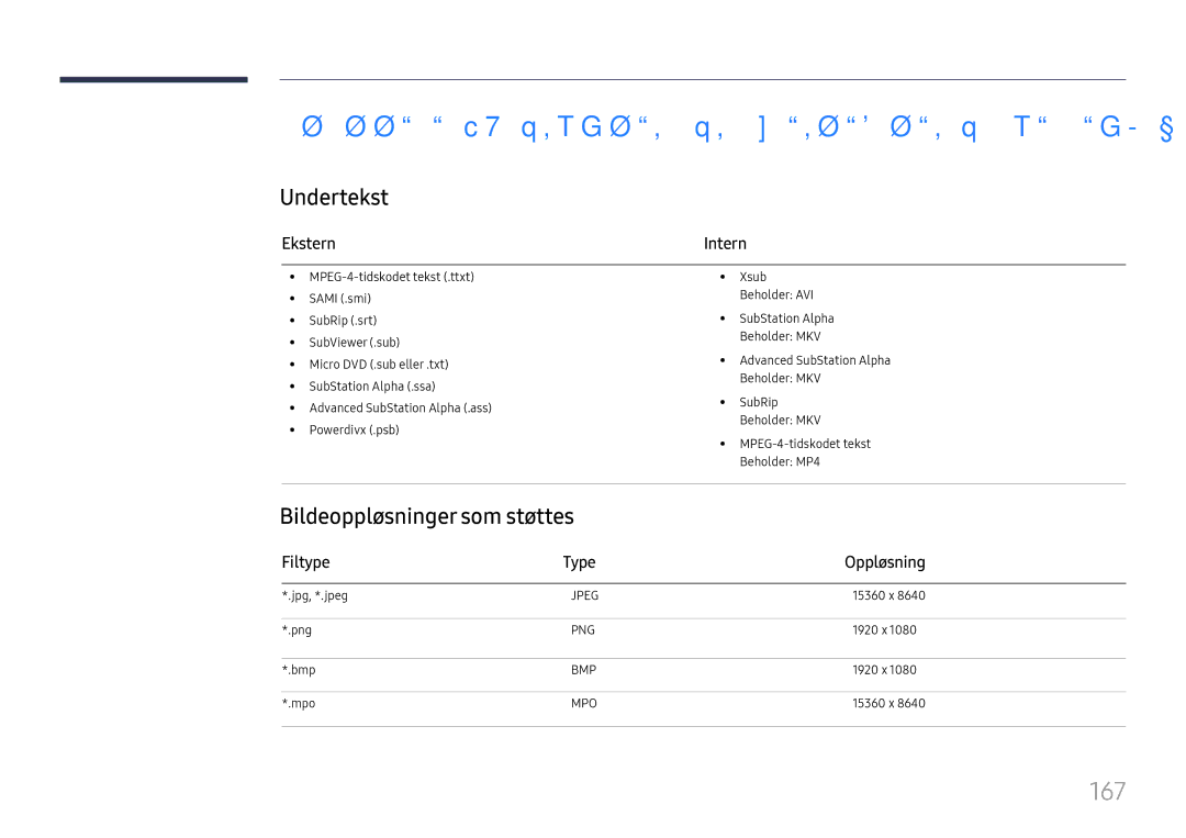 Samsung LH65DMEXTBC/EN manual Støttede filformater for undertekster og medieavspilling, 167, Undertekst 