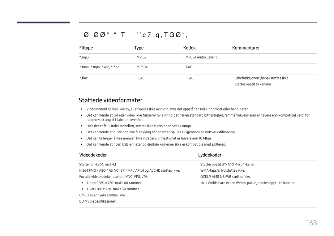 Samsung LH65DMEXTBC/EN manual 168, Støttede musikkfilformater, Støttede videoformater, Filtype Type Kodek Kommentarer 