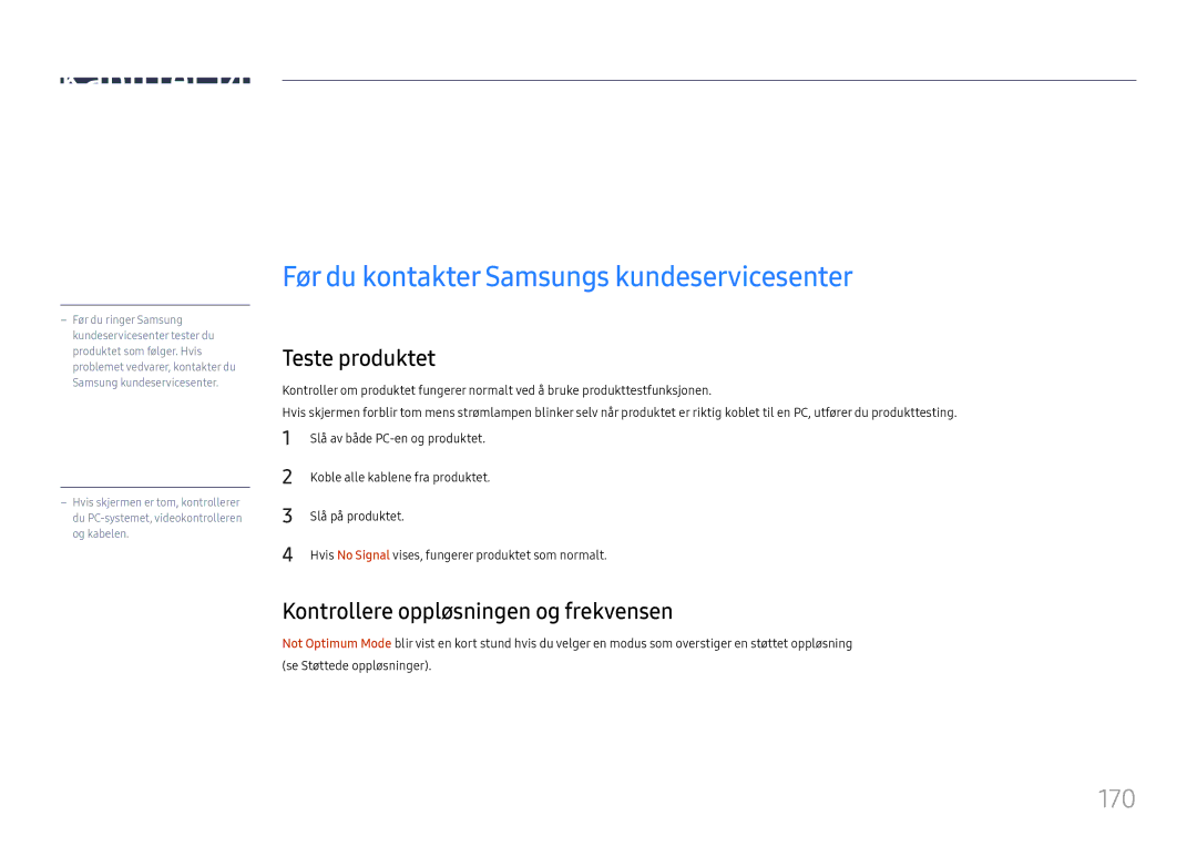 Samsung LH65DMEXTBC/EN manual Feilsøkingsveiledning, Før du kontakter Samsungs kundeservicesenter, 170, Teste produktet 