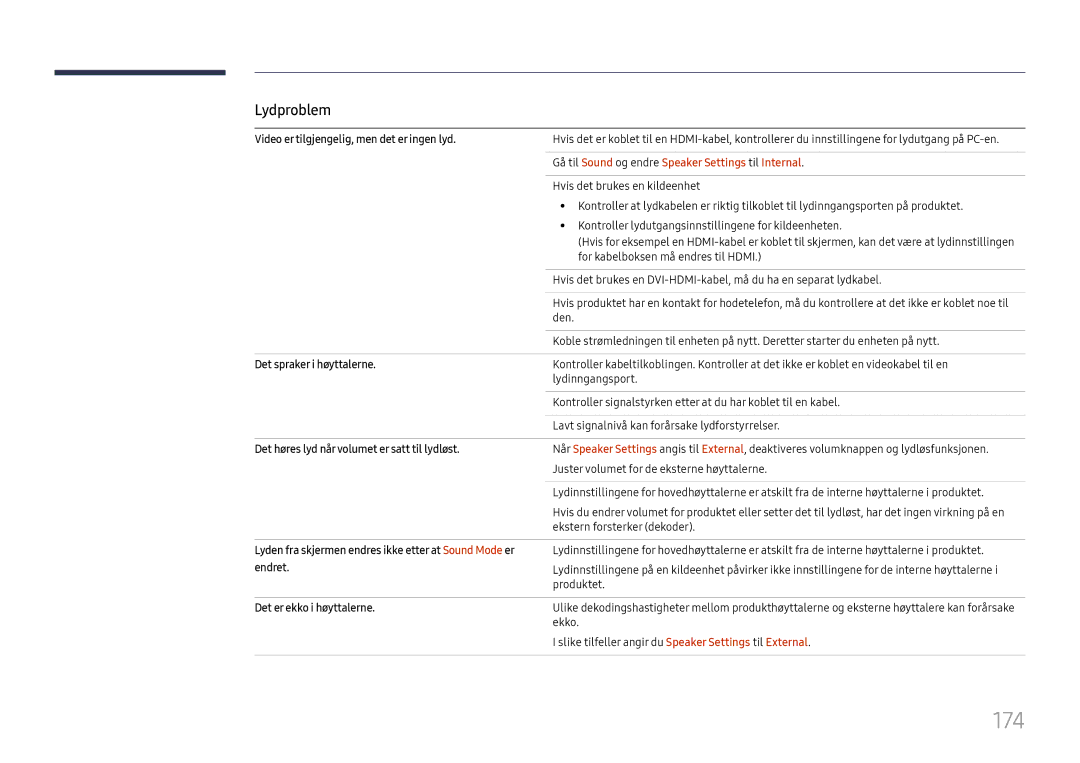 Samsung LH65DMEXTBC/EN manual 174, Gå til Sound og endre Speaker Settings til Internal 