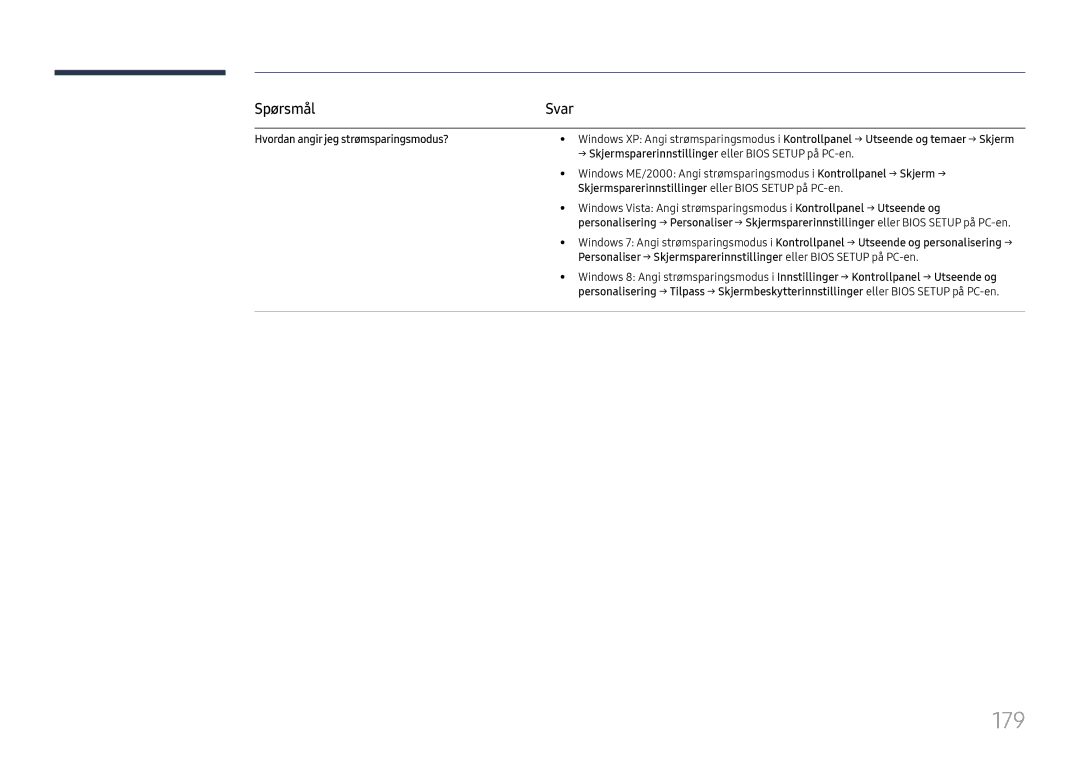 Samsung LH65DMEXTBC/EN 179, Hvordan angir jeg strømsparingsmodus?, → Skjermsparerinnstillinger eller Bios Setup på PC-en 