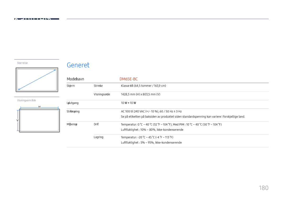 Samsung LH65DMEXTBC/EN manual Spesifikasjoner, 180, Modellnavn 