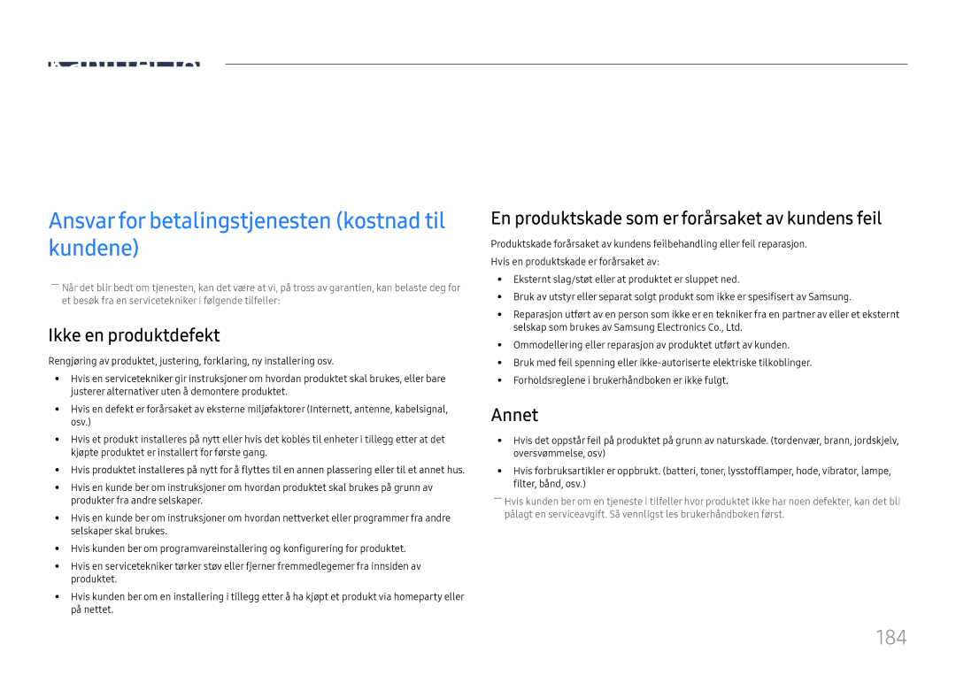 Samsung LH65DMEXTBC/EN manual Tillegg, Ansvar for betalingstjenesten kostnad til kundene, 184 