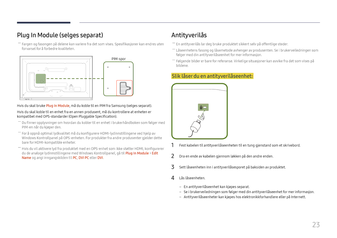 Samsung LH65DMEXTBC/EN manual Plug In Module selges separat, Antityverilås, Slik låser du en antityverilåseenhet 