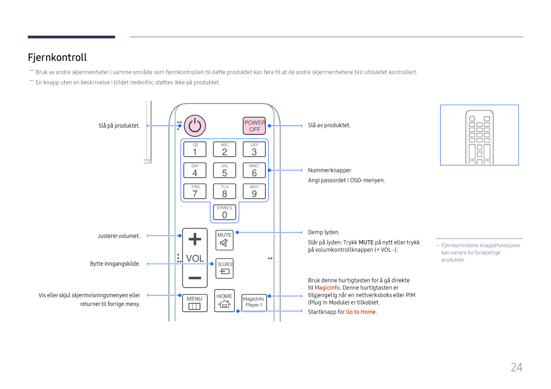 Samsung LH65DMEXTBC/EN manual Fjernkontroll, Slå på produktet Justerervolumet Bytte inngangskilde 