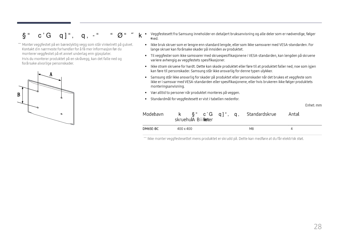 Samsung LH65DMEXTBC/EN manual Spesifikasjoner for veggfeste Vesa 