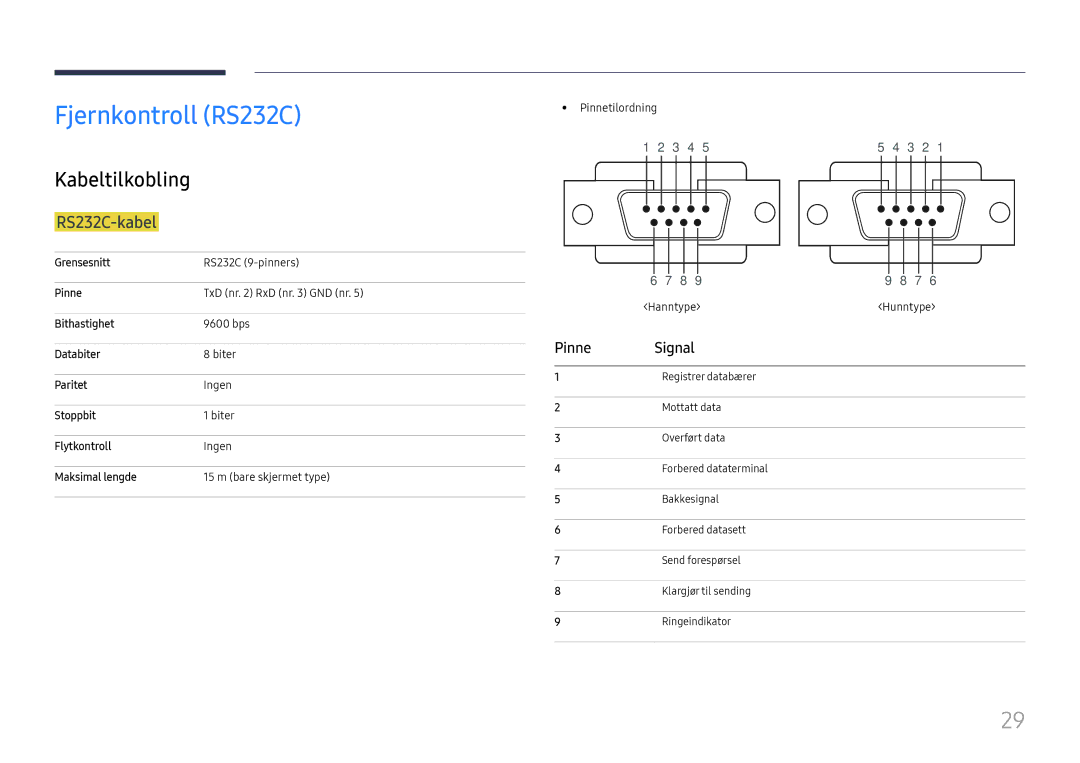 Samsung LH65DMEXTBC/EN manual Fjernkontroll RS232C, Kabeltilkobling, RS232C-kabel, Pinne Signal 