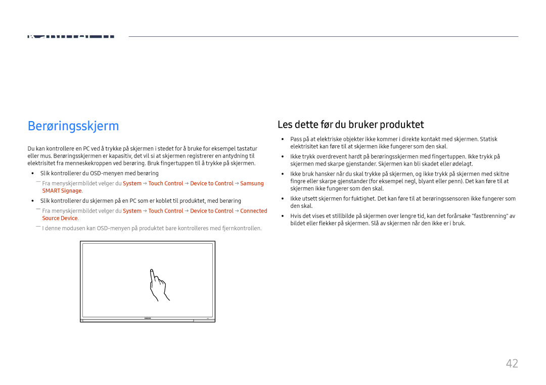 Samsung LH65DMEXTBC/EN manual Bruke en berøringsskjerm, Berøringsskjerm, Les dette før du bruker produktet 