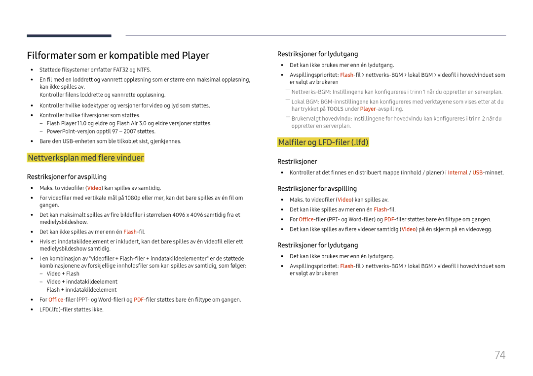 Samsung LH65DMEXTBC/EN manual Filformater som er kompatible med Player, Nettverksplan med flere vinduer 