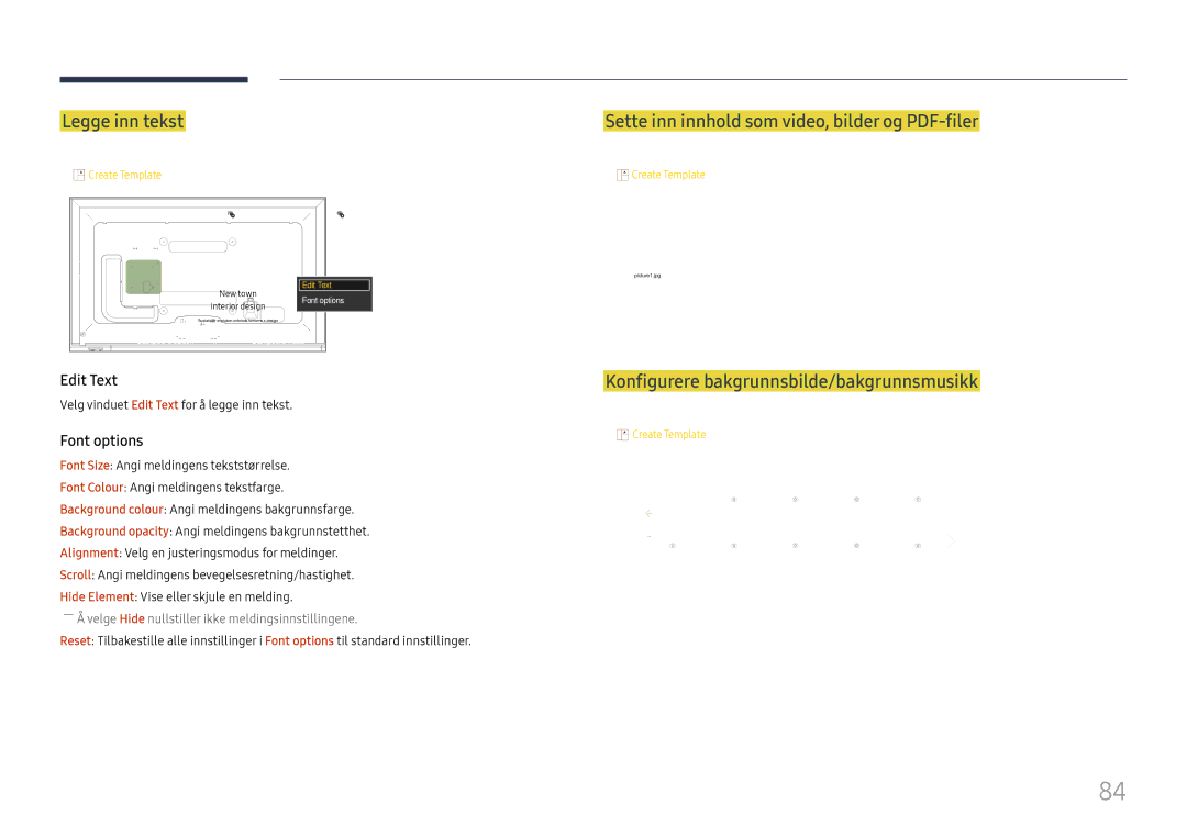 Samsung LH65DMEXTBC/EN manual Legge inn tekst, Konfigurere bakgrunnsbilde/bakgrunnsmusikk 