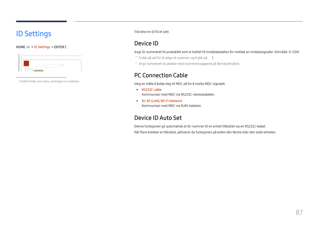 Samsung LH65DMEXTBC/EN manual ID Settings, PC Connection Cable, Device ID Auto Set 