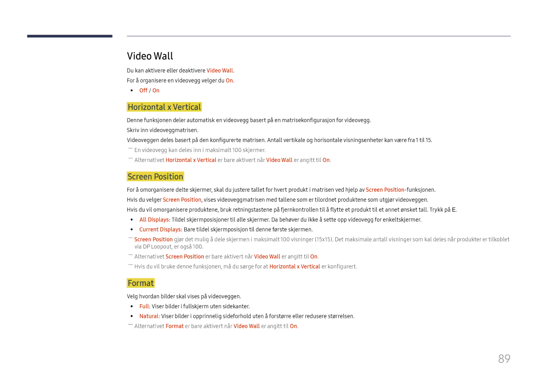 Samsung LH65DMEXTBC/EN manual Video Wall, Horizontal x Vertical, Screen Position, Format, Off / On 