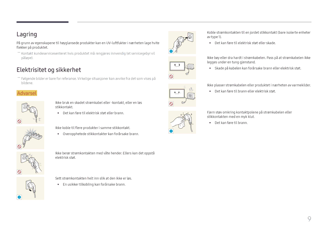 Samsung LH65DMEXTBC/EN manual Lagring, Elektrisitet og sikkerhet 