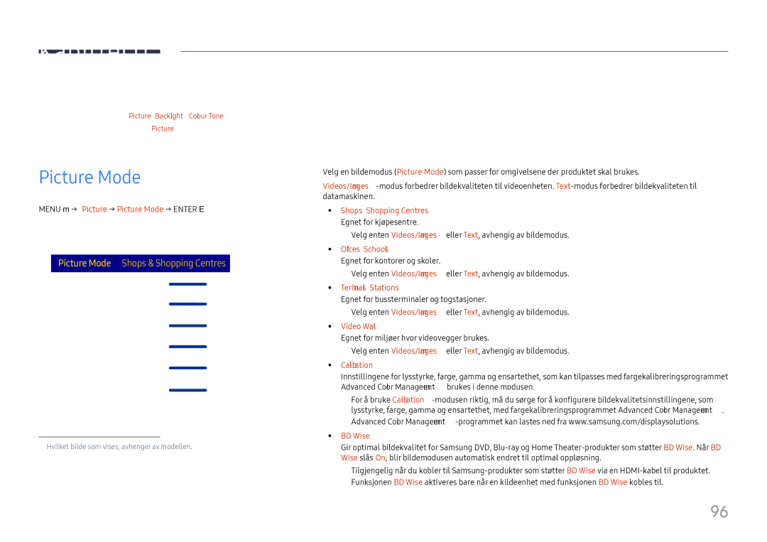 Samsung LH65DMEXTBC/EN manual Skjermjustering, Menu m → Picture → Picture Mode → Enter E 