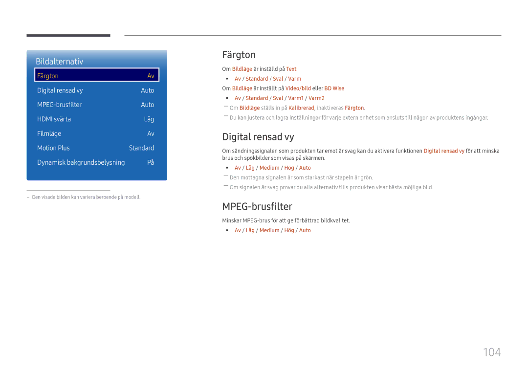 Samsung LH65DMEXTBC/EN manual 104, Färgton, Digital rensad vy, MPEG-brusfilter, Av / Låg / Medium / Hög / Auto 