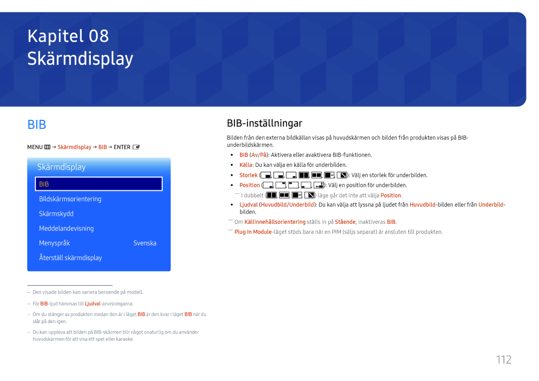 Samsung LH65DMEXTBC/EN manual 112, BIB-inställningar, Menu m → Skärmdisplay → BIB → Enter E 