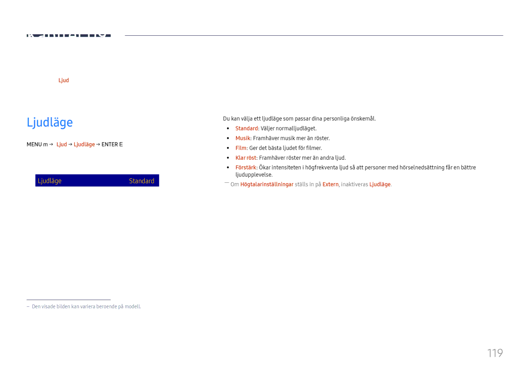 Samsung LH65DMEXTBC/EN manual Ljudinställning, Ljudläge, 119 