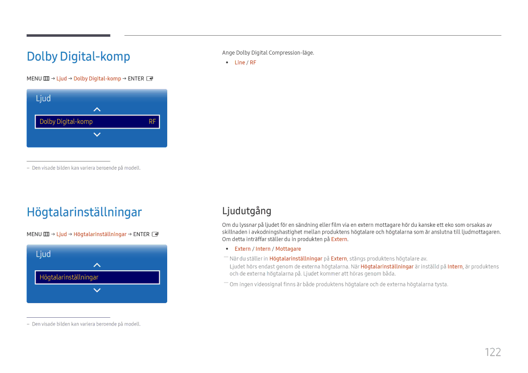 Samsung LH65DMEXTBC/EN manual Dolby Digital-komp, Högtalarinställningar, 122, Ljudutgång 