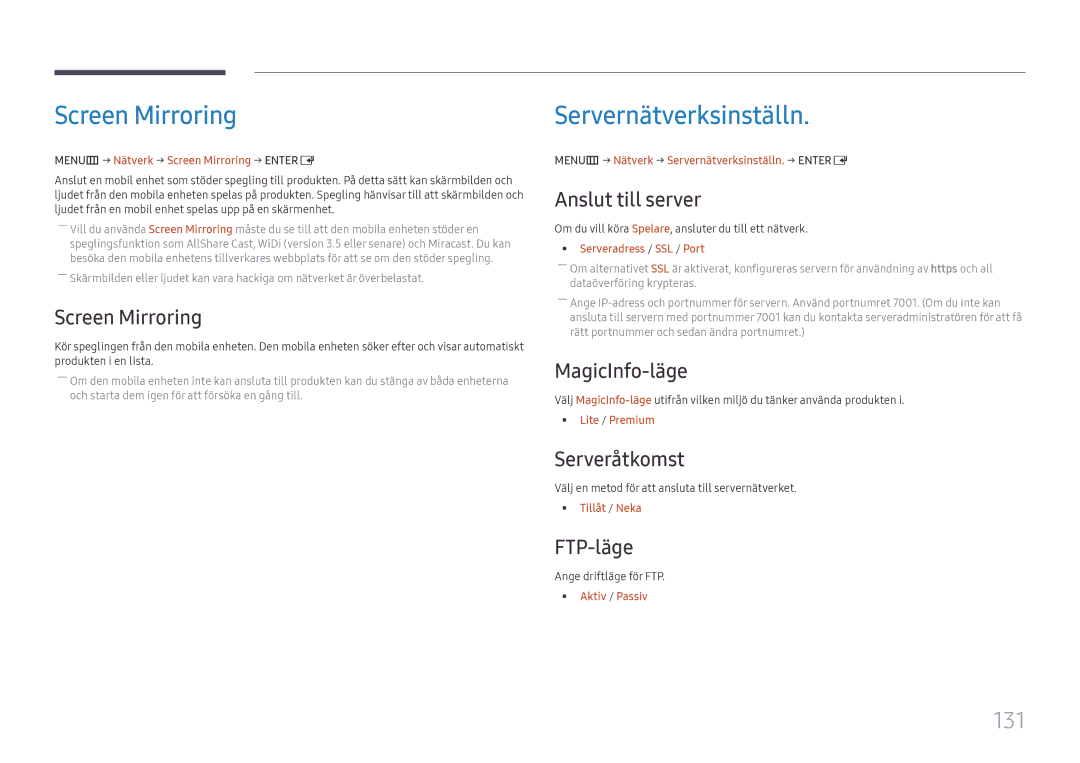 Samsung LH65DMEXTBC/EN manual Screen Mirroring, Servernätverksinställn, 131 