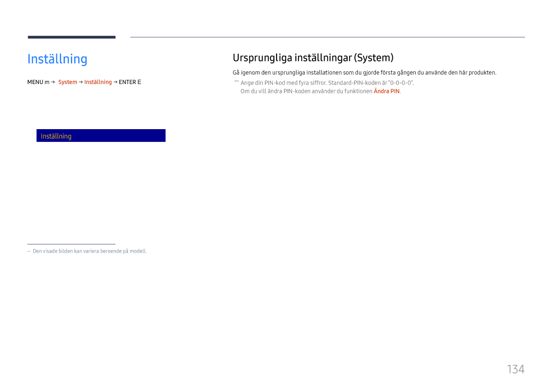 Samsung LH65DMEXTBC/EN manual Inställning, 134, Ursprungliga inställningar System, Tillgänglighet 