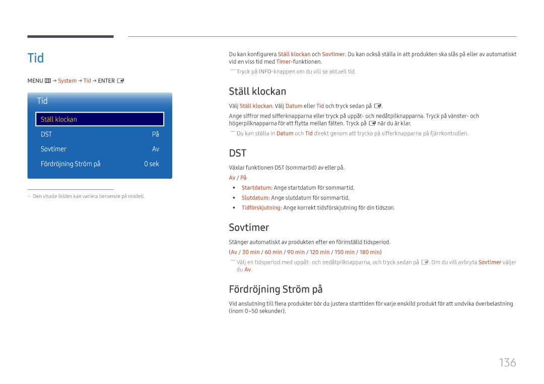 Samsung LH65DMEXTBC/EN manual Tid, 136, Ställ klockan, Sovtimer, Fördröjning Ström på 