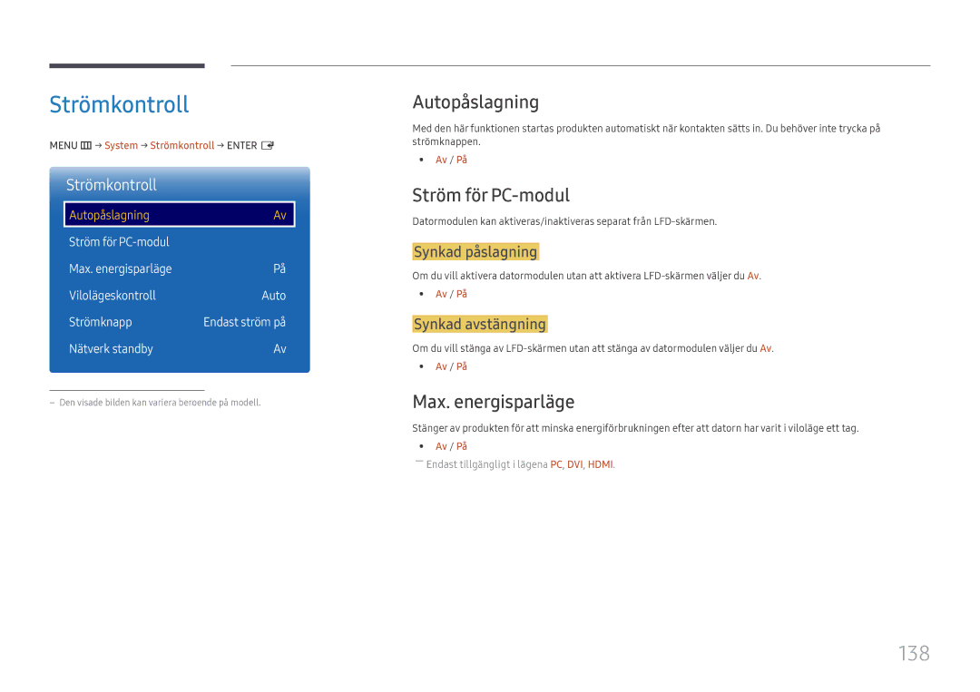Samsung LH65DMEXTBC/EN manual Strömkontroll, 138, Autopåslagning, Ström för PC-modul, Max. energisparläge 