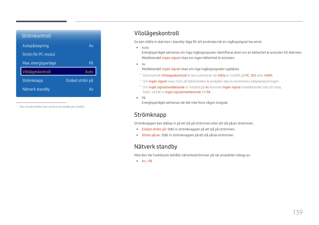 Samsung LH65DMEXTBC/EN manual 139, Vilolägeskontroll, Strömknapp, Nätverk standby 