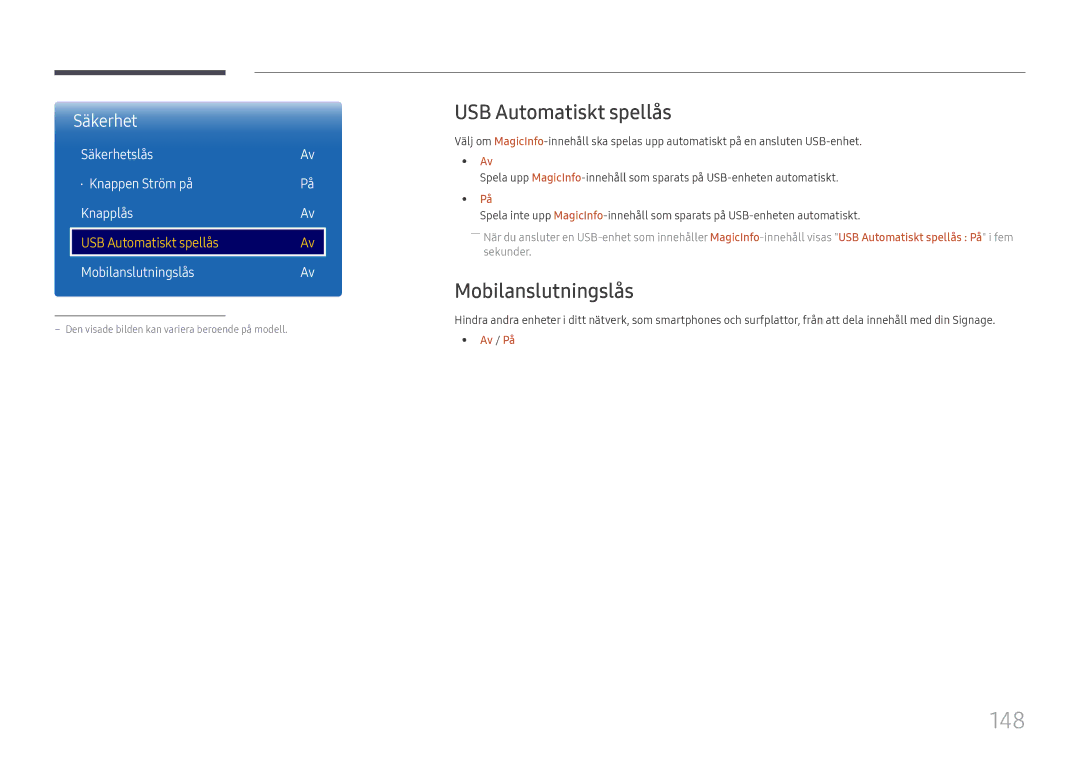 Samsung LH65DMEXTBC/EN manual 148, USB Automatiskt spellås, Mobilanslutningslås, Säkerhetslås · Knappen Ström på Knapplås 