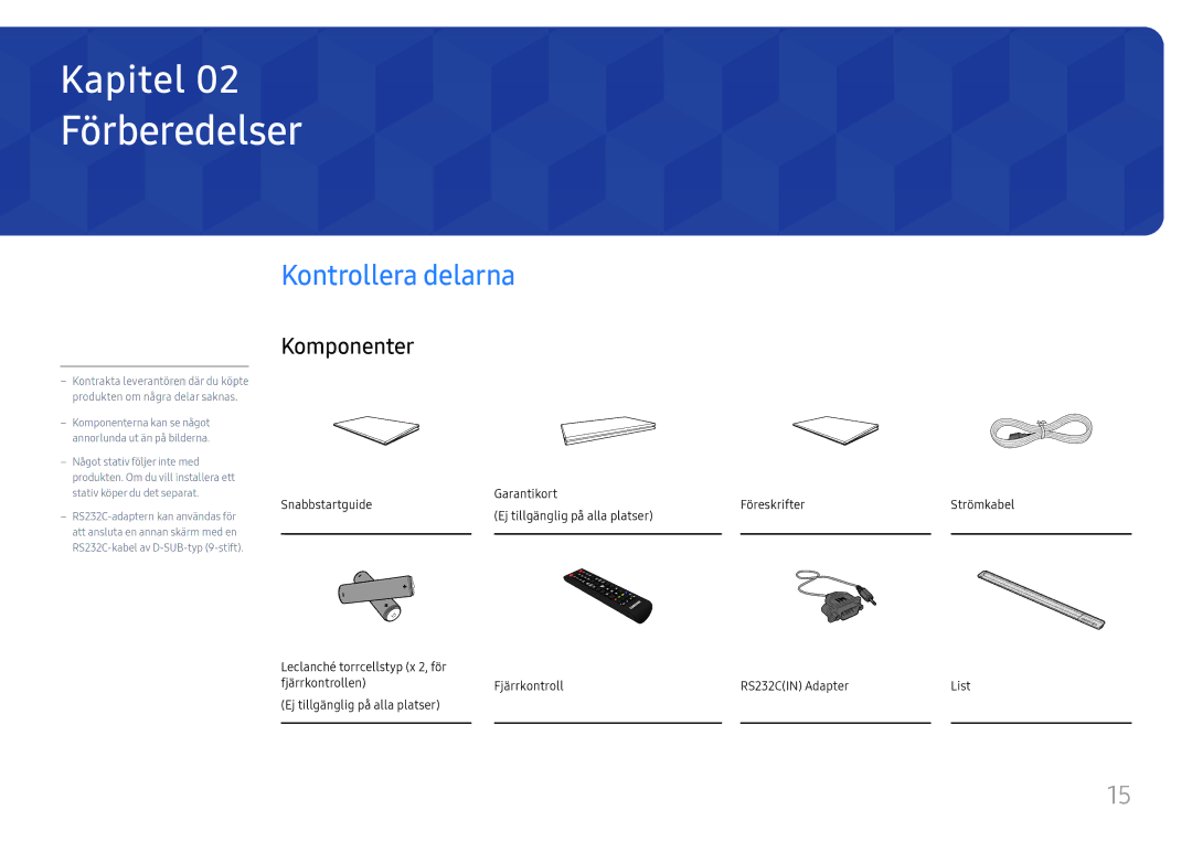 Samsung LH65DMEXTBC/EN manual Förberedelser, Kontrollera delarna, Komponenter, Garantikort Föreskrifter 