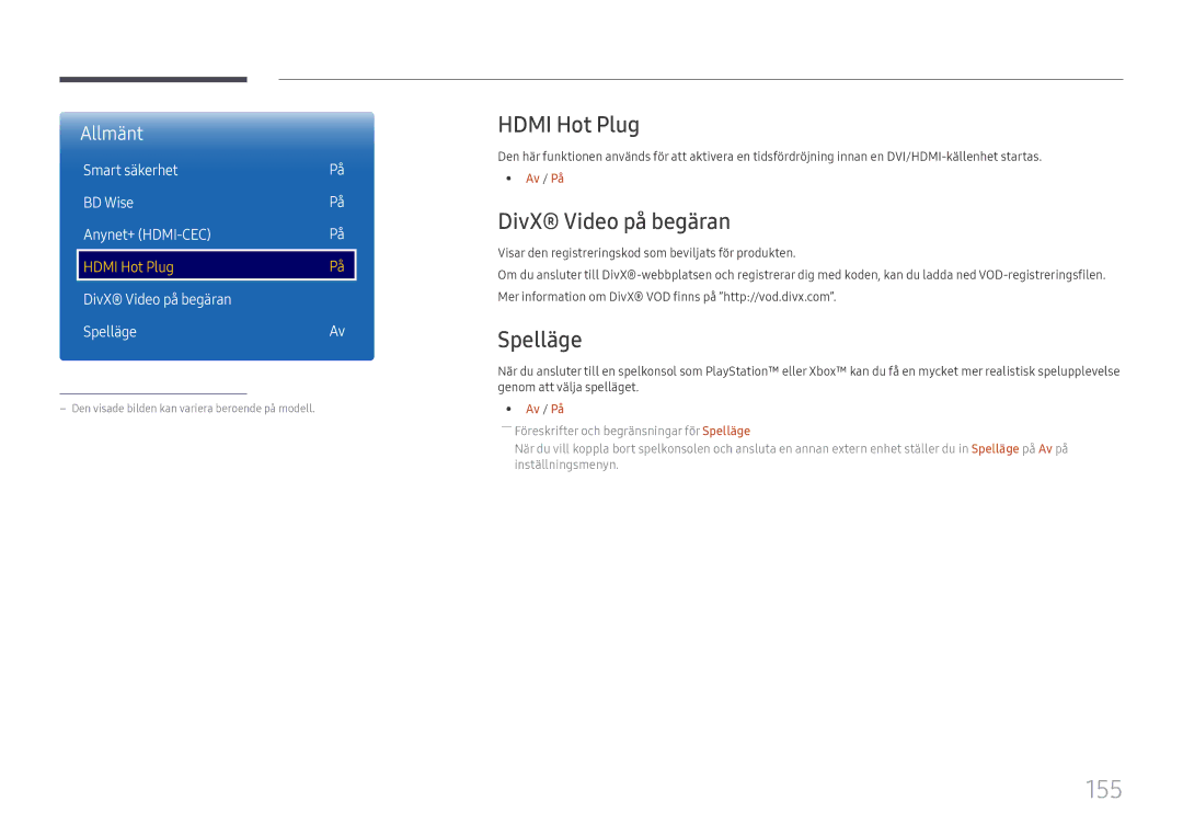 Samsung LH65DMEXTBC/EN manual 155, Hdmi Hot Plug, DivX Video på begäran, Spelläge 