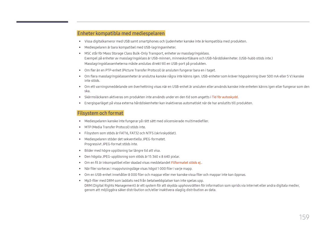 Samsung LH65DMEXTBC/EN manual 159, Enheter kompatibla med mediespelaren, Filsystem och format 