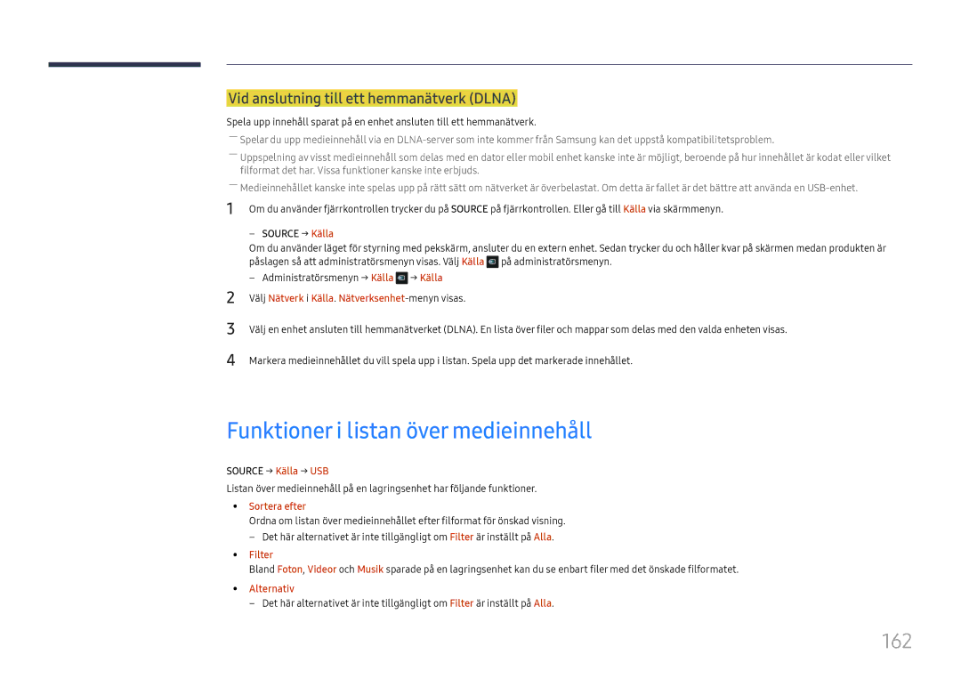 Samsung LH65DMEXTBC/EN Funktioner i listan över medieinnehåll, 162, Vid anslutning till ett hemmanätverk Dlna, Filter 