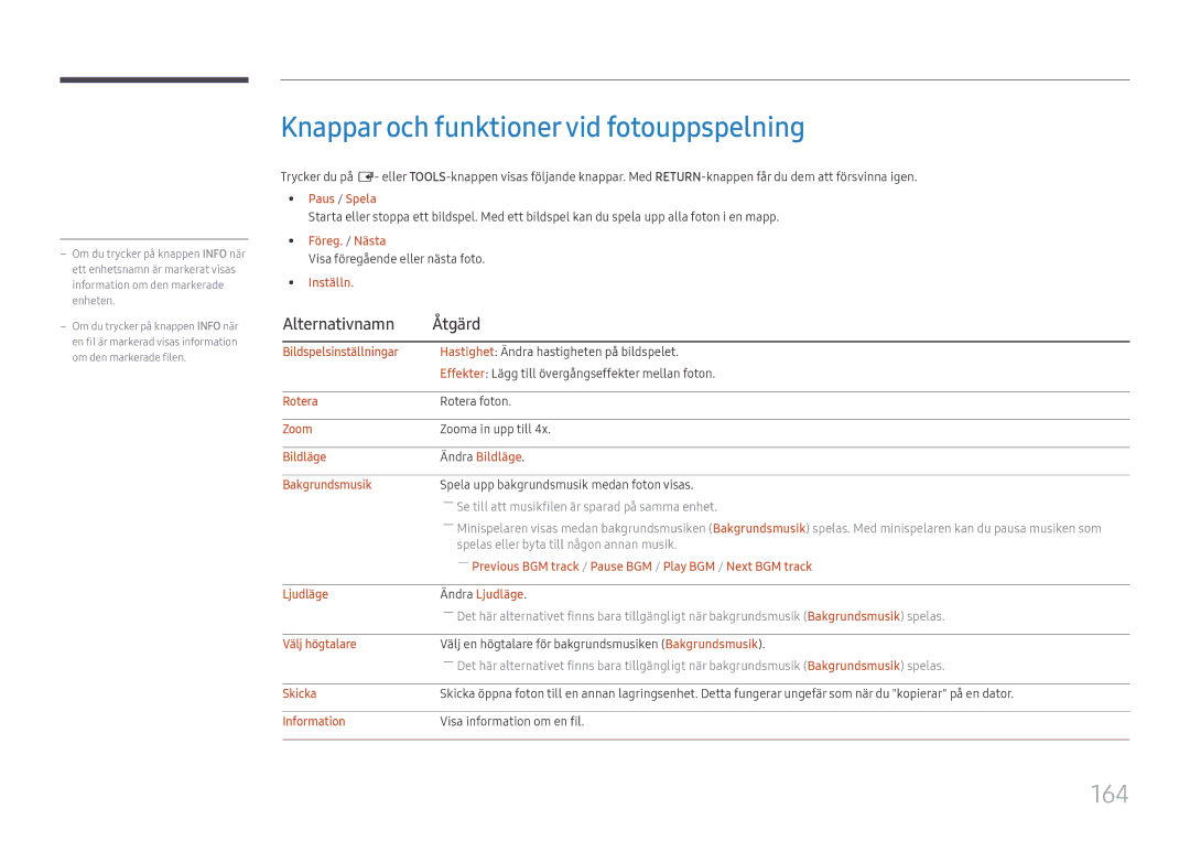 Samsung LH65DMEXTBC/EN manual Knappar och funktionervid fotouppspelning, 164 