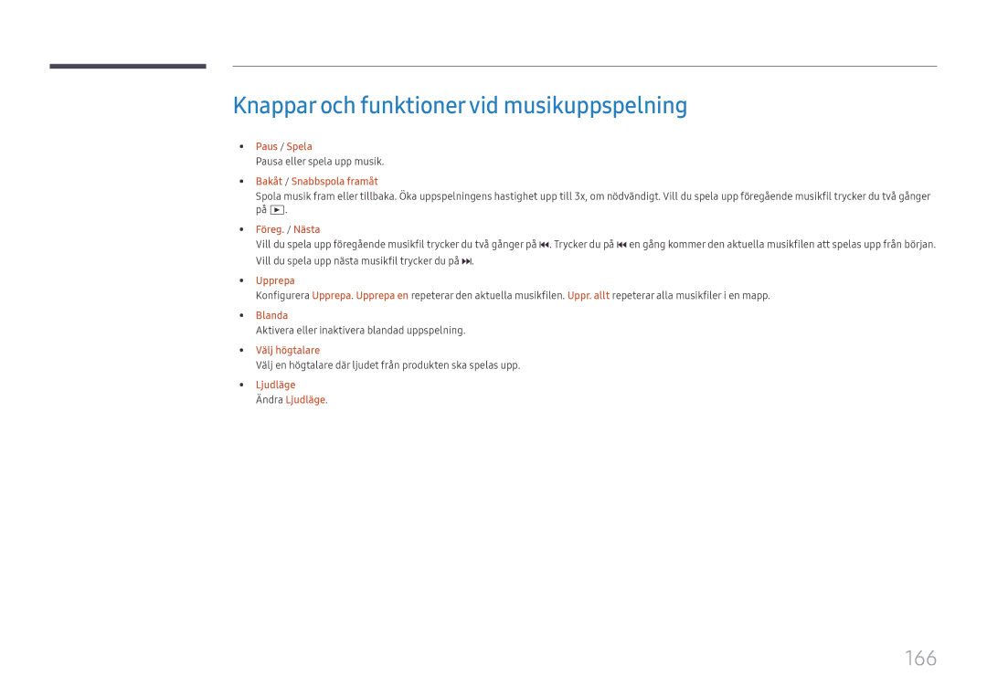 Samsung LH65DMEXTBC/EN manual Knappar och funktionervid musikuppspelning, 166, Pausa eller spela upp musik, Blanda 