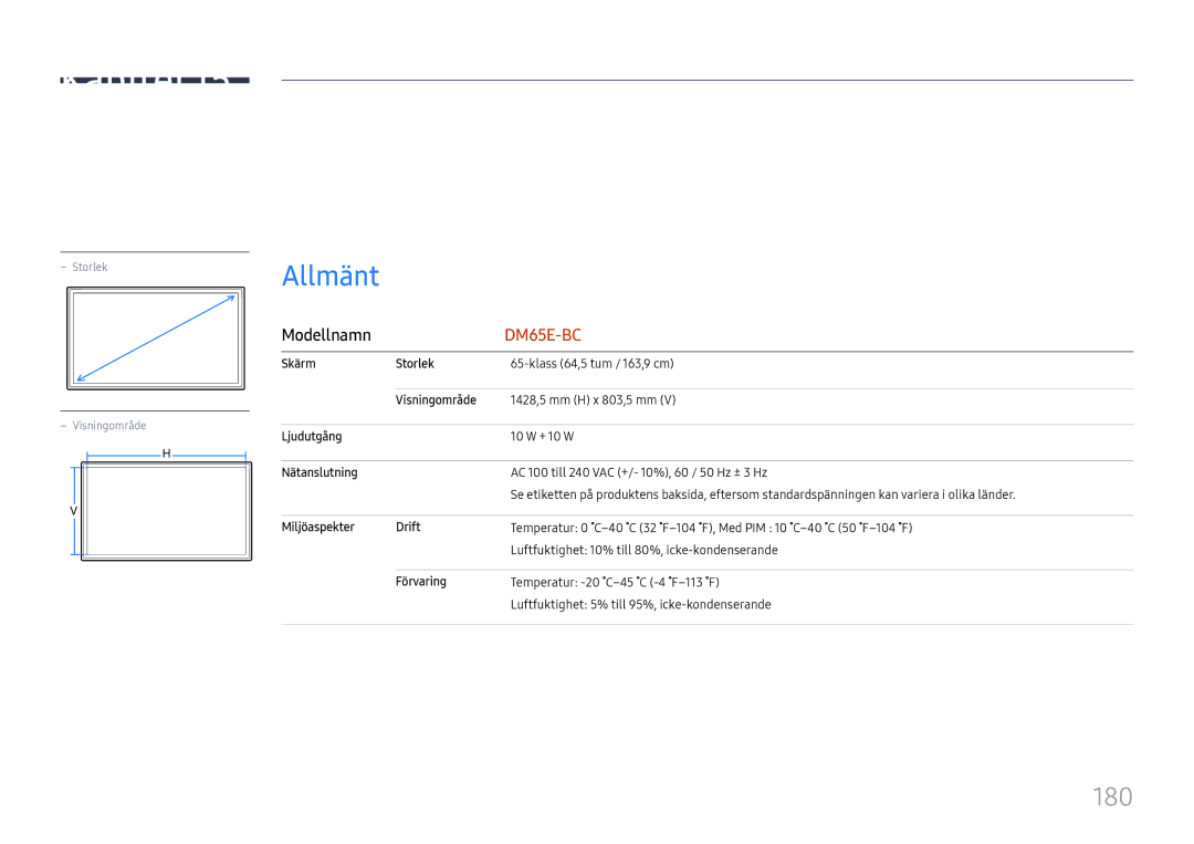 Samsung LH65DMEXTBC/EN manual Specifikationer, 180, ModellnamnDM65E-BC 