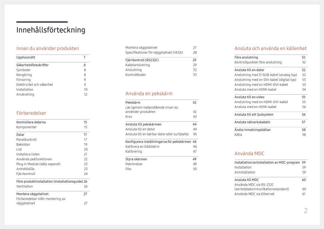 Samsung LH65DMEXTBC/EN manual Innehållsförteckning 