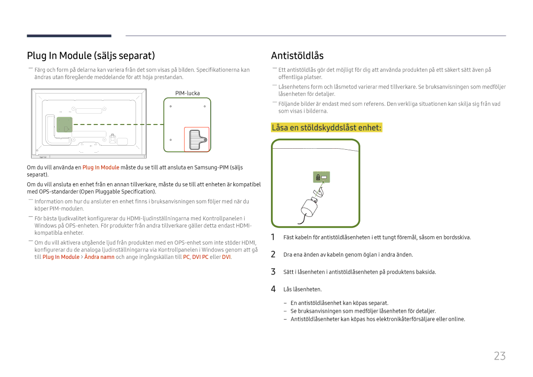 Samsung LH65DMEXTBC/EN manual Plug In Module säljs separat, Antistöldlås, Låsa en stöldskyddslåst enhet 