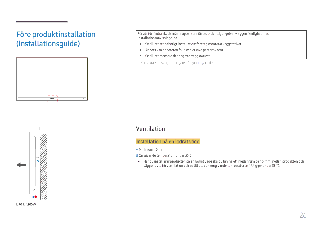 Samsung LH65DMEXTBC/EN manual Ventilation, Installation på en lodrät vägg, Bild 1.1 Sidovy 