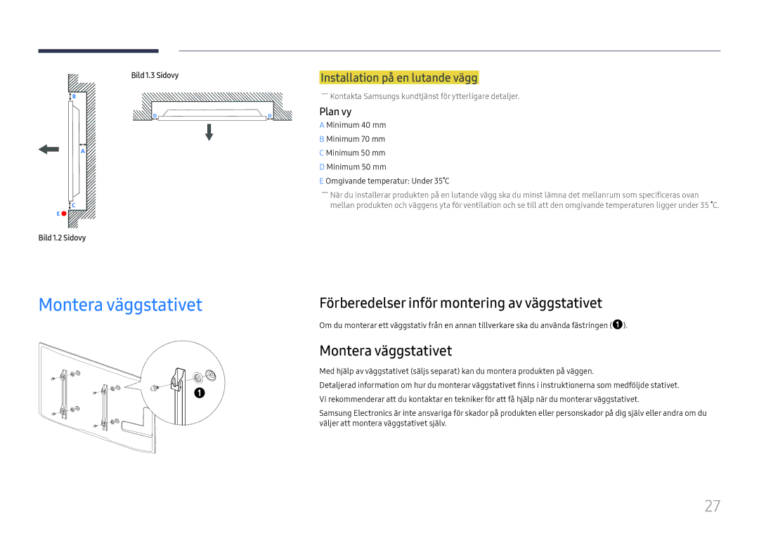 Samsung LH65DMEXTBC/EN manual Montera väggstativet, Förberedelser inför montering av väggstativet, Plan vy 