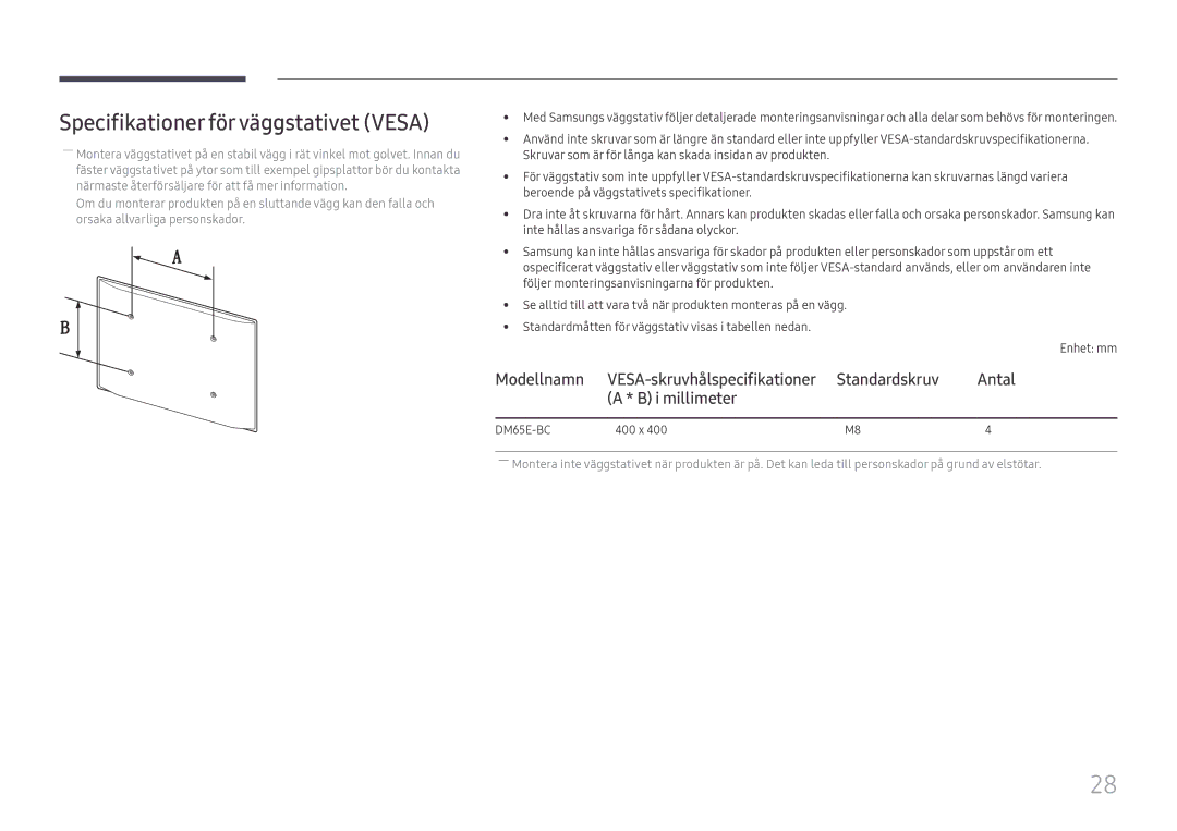 Samsung LH65DMEXTBC/EN manual Specifikationer för väggstativet Vesa, Modellnamn, Standardskruv Antal I millimeter 