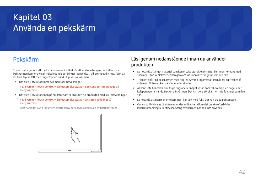 Samsung LH65DMEXTBC/EN manual Använda en pekskärm, Pekskärm, Läs igenom nedanstående innan du använder produkten 