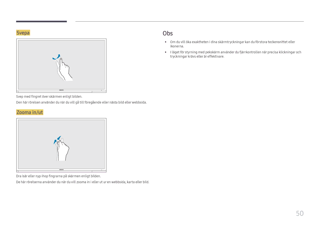 Samsung LH65DMEXTBC/EN manual Obs, Svepa, Zooma in/ut 