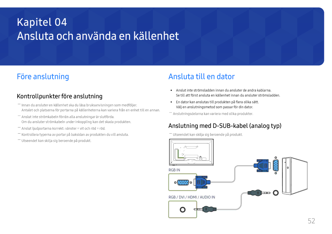 Samsung LH65DMEXTBC/EN manual Ansluta och använda en källenhet, Före anslutning, Ansluta till en dator 