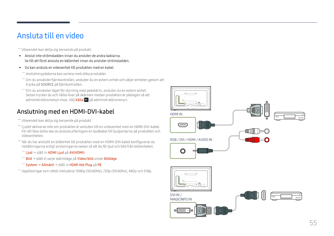 Samsung LH65DMEXTBC/EN manual Ansluta till en video, ――Ljud → ställ in Hdmi Ljud på Avhdmi 